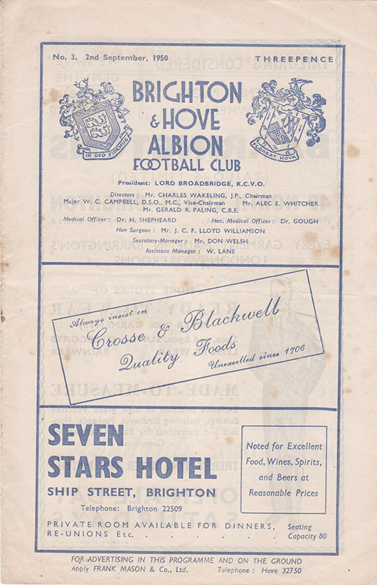 <b>Saturday, September 2, 1950</b><br />vs. Brighton and Hove Albion (Away)